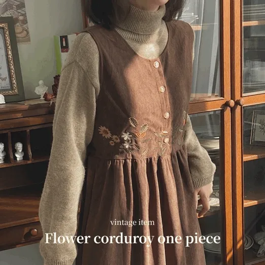 (당일🚀)보타닉 꽃 자수 코듀로이 롱 원피스 골덴 레이어드 플라워 오버롤 빈티지 가을 겨울