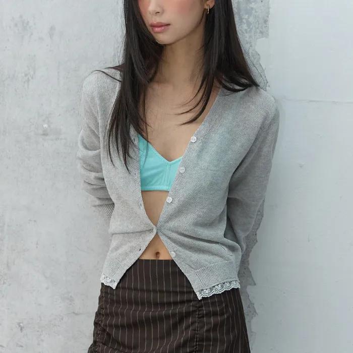 Hem Lace Linen Cardigan Melange grey