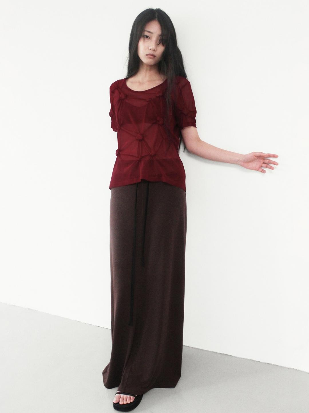 MESH DOT SHIRRED T-SHIRT, RED