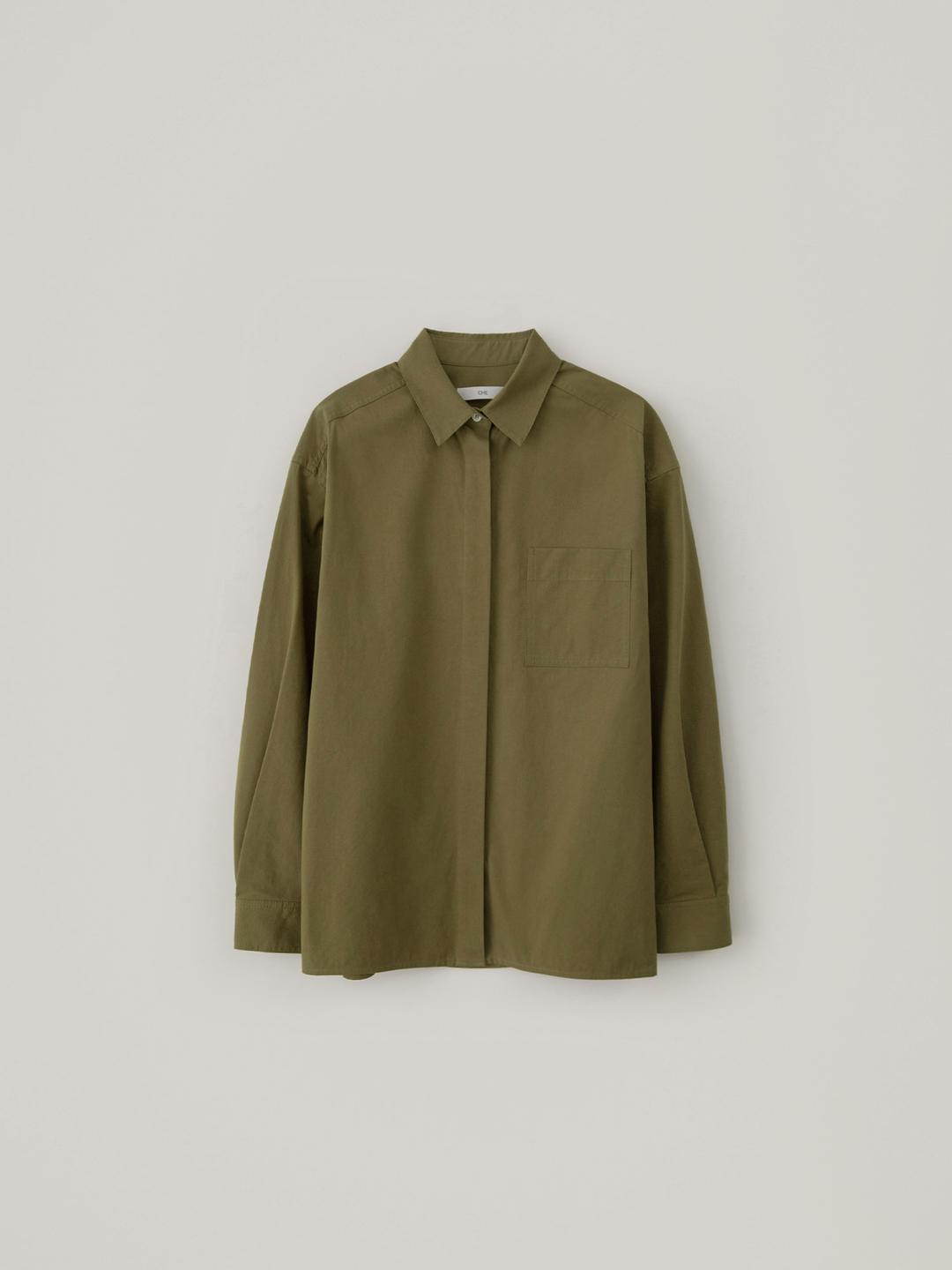Hidden Button Cotton Shirt - Khaki