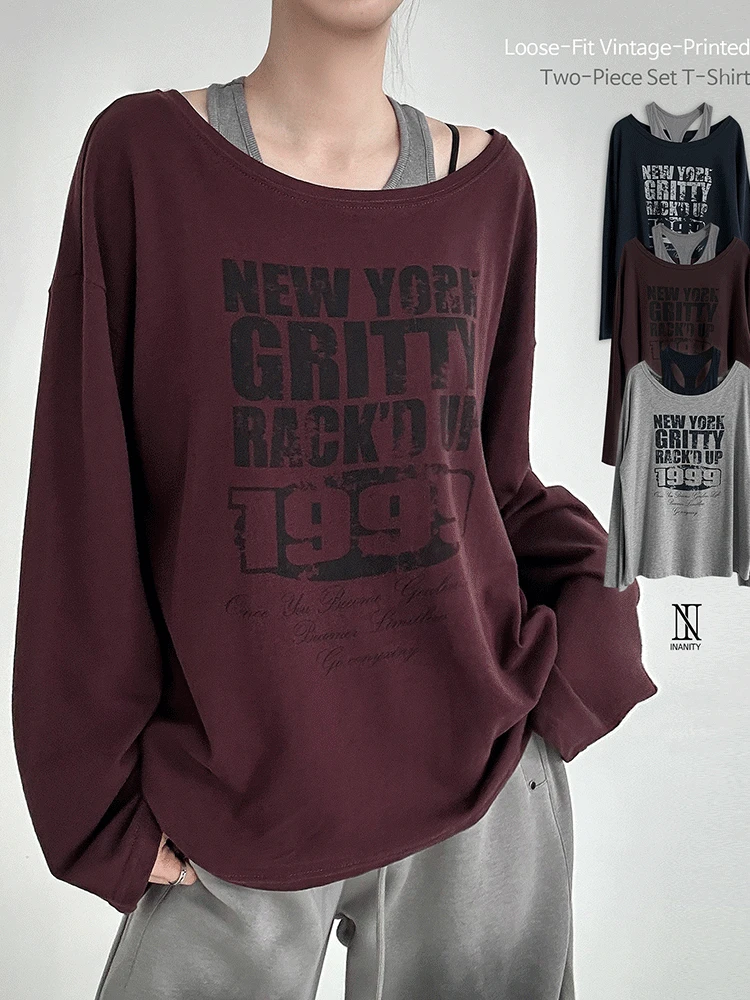 [25FW🍂나시set] 1999's 빈티지 레터링 루즈 오버핏 투피스 티셔츠 3color