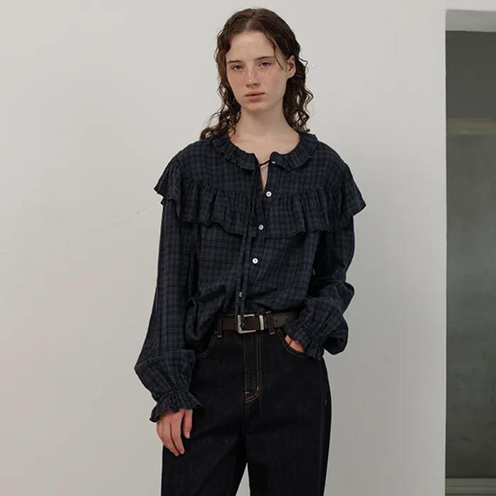 Panele Check Ruffled Blouse_Navy