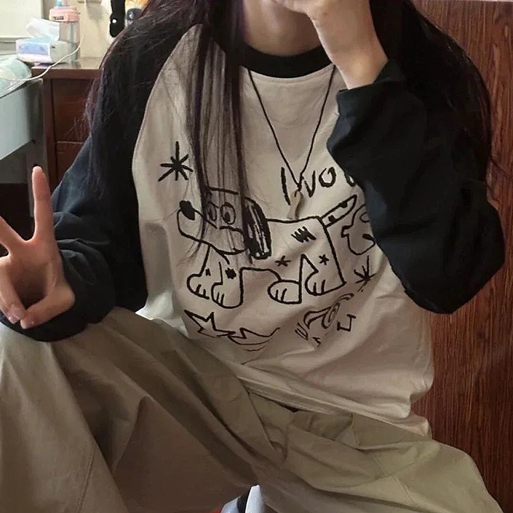 빈티지 y2k 멍멍이 나그랑 슬리브 티셔츠 오버사이즈 : 캐르애