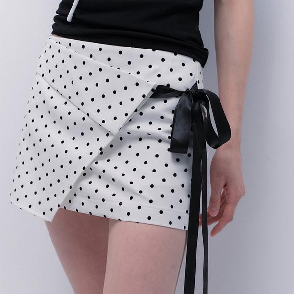 Dot Pattern Wrap Skirt with Ribbon