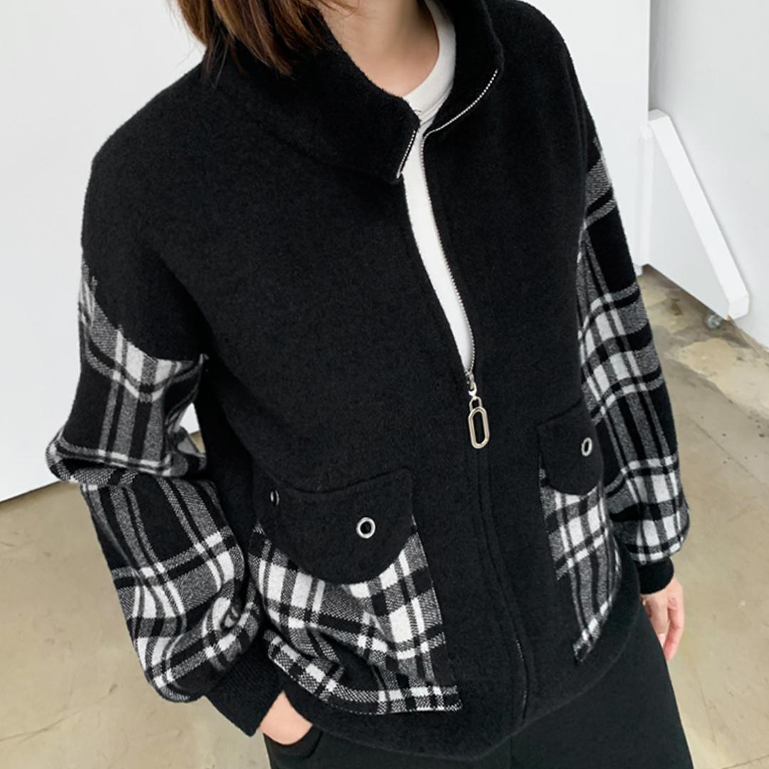 41847/체크배색 하이넥 니트자켓