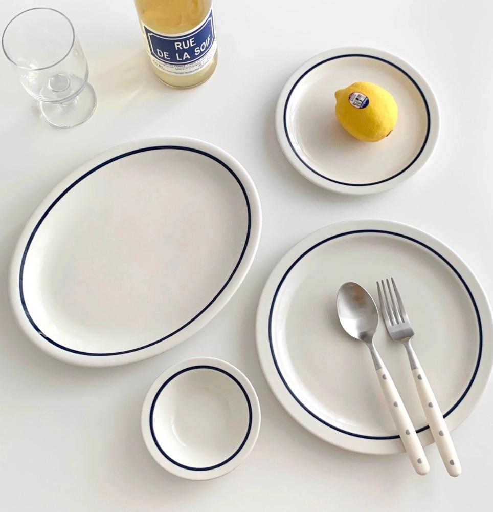 턱스톤 도자기 그릇 접시 블루라인 플레이트