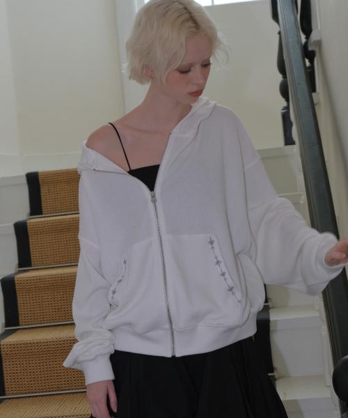 C HOODED KNIT ZIP-UP_WHITE