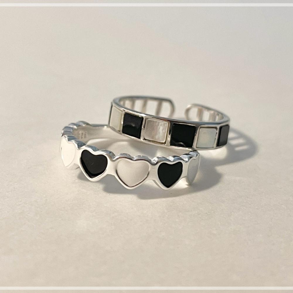 무배 925 실버 블랙 화이트 하트 에폭시 스퀘어 사각 자개 학생 오픈링 반지 2type