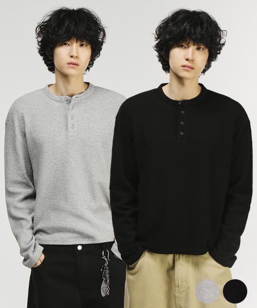 크롭 와플 헨리넥 긴팔 티셔츠[2COLORS]
