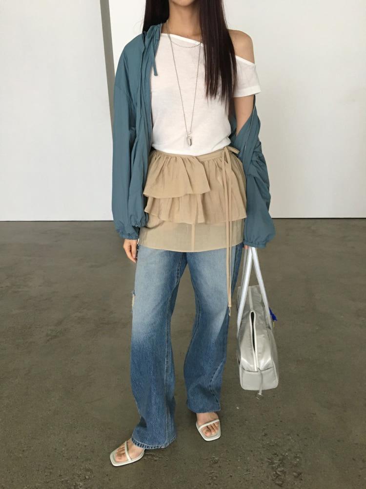 24SS breathe 브리드 크롬에이프런 셔링 프릴 레이어드 미니 랩 스커트