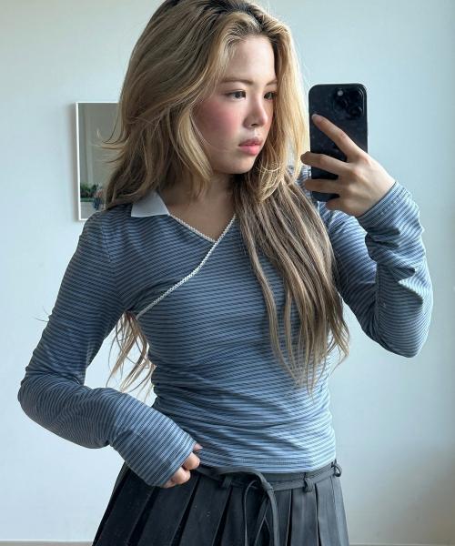 듀 스트라이프 카라 티-블루