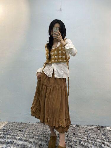 Jungle rust brown tiered ruffle long skirt#