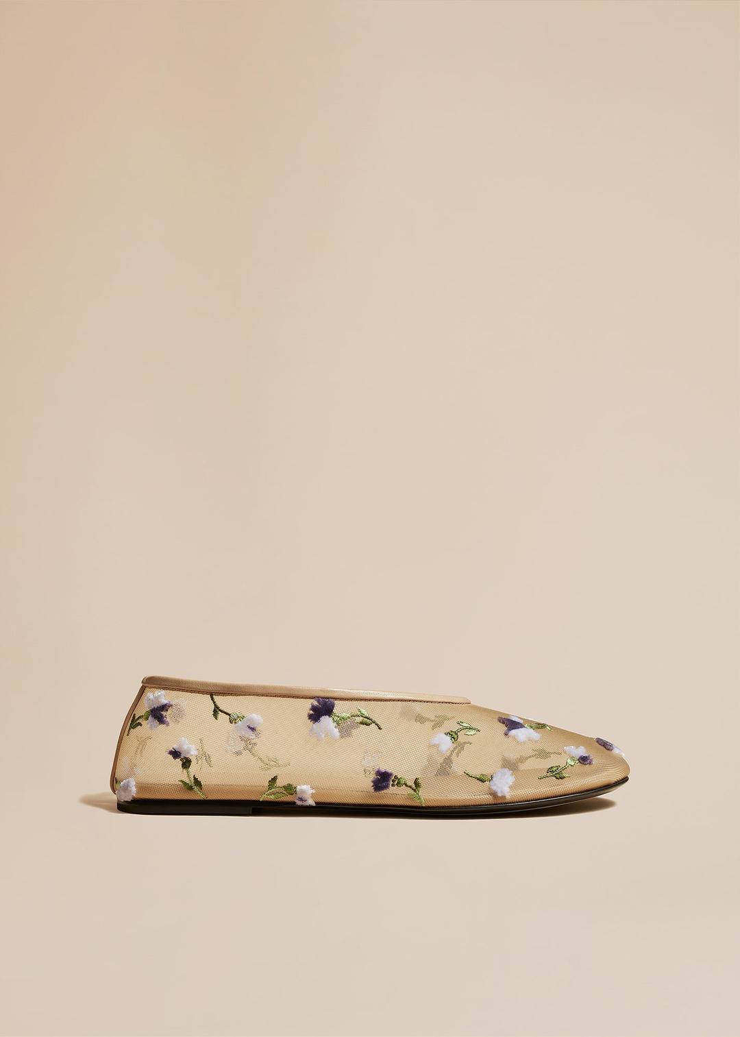 The Marcy Flat in Beige Mesh with Purple Floral Embroidery - 36 / NUDE / PURPLE / UPPER70%PA,20%VFY,10%LLSOLE100%CL