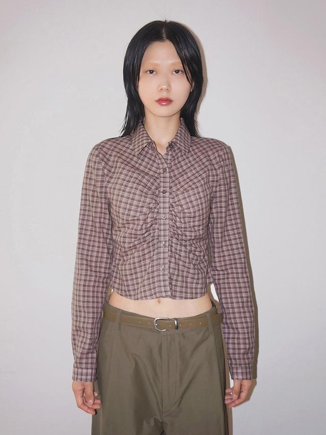 CHECK SHIRRING CROP SH (orange / pink brown)