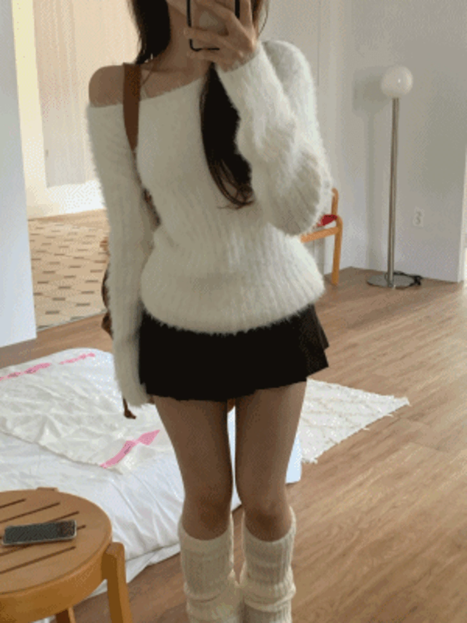 [청순연말룩/2way] 플러피 앙고라 롱니트 헤어리 솔잎 보트넥 원오프숄더니트 (2col)