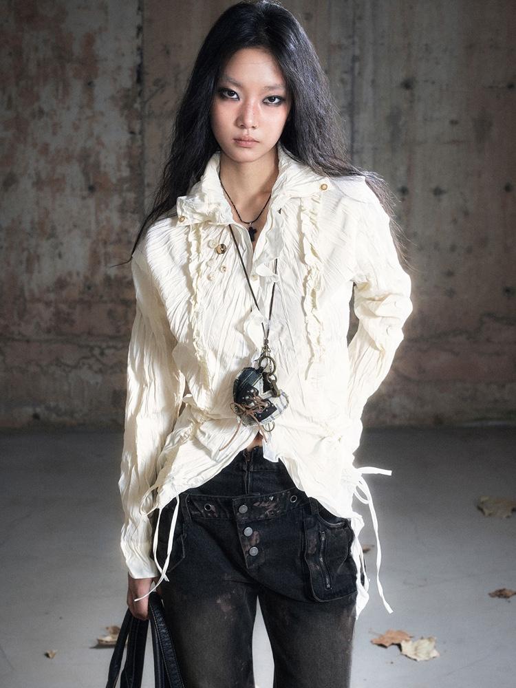 Cest Nous Spliced ​​ruffle chiffon long-sleeve shirt