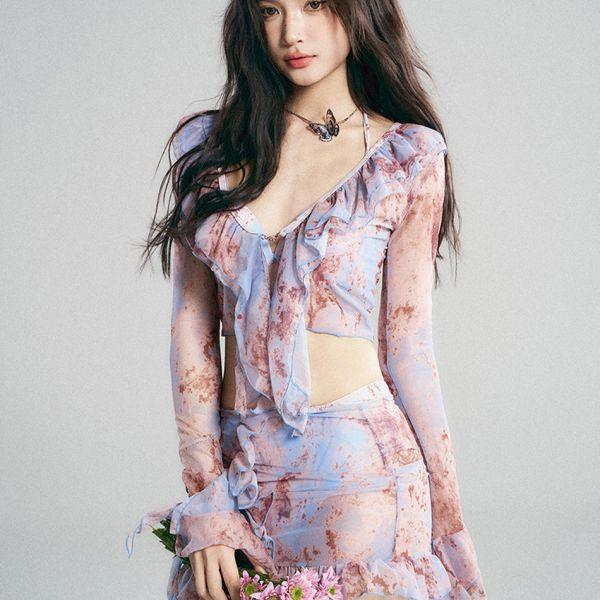 PINKUP 핑크 나염 커버업 비치웨어 SET