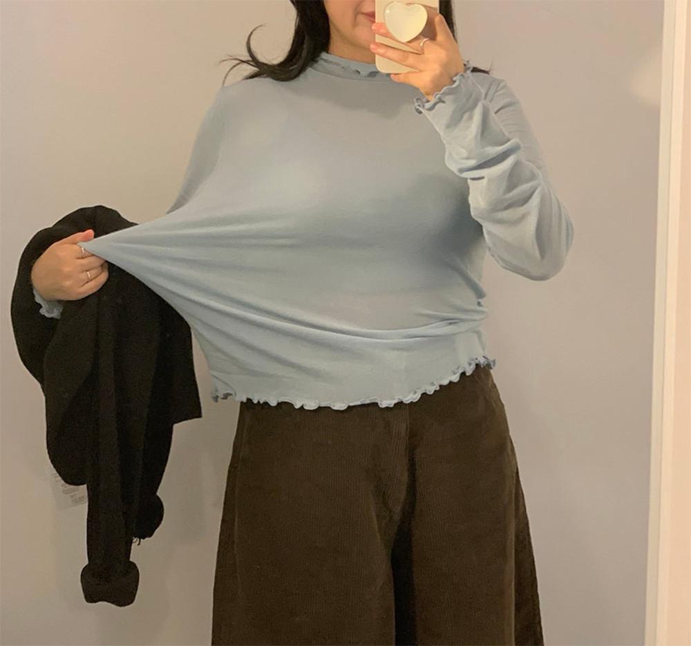 물결 스판 루즈핏 반폴라 레이어드 텐셀 티셔츠