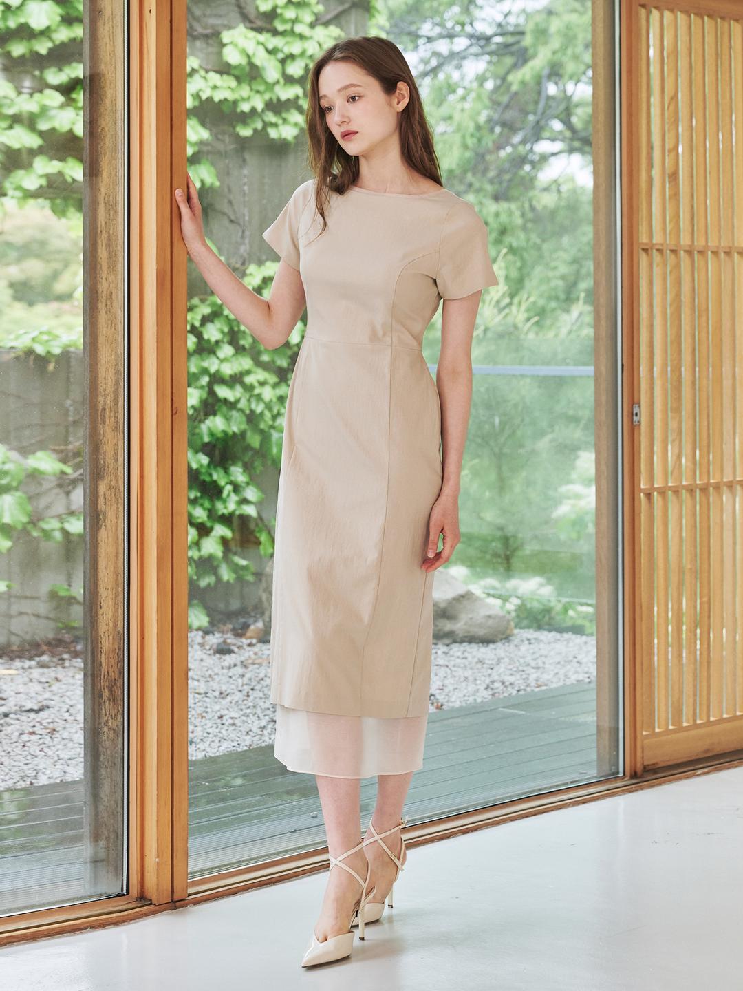 누브 보트넥 쉬폰 레이어드 드레스 - 베이지 / Boat Neck Chiffon Layered Dress - Beige