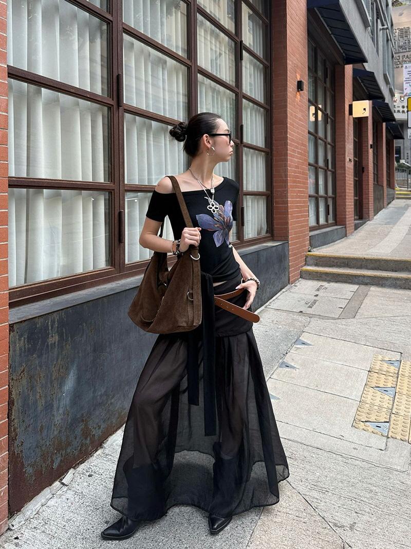 Wide Waist Band See-through Long Skirt (2Color)