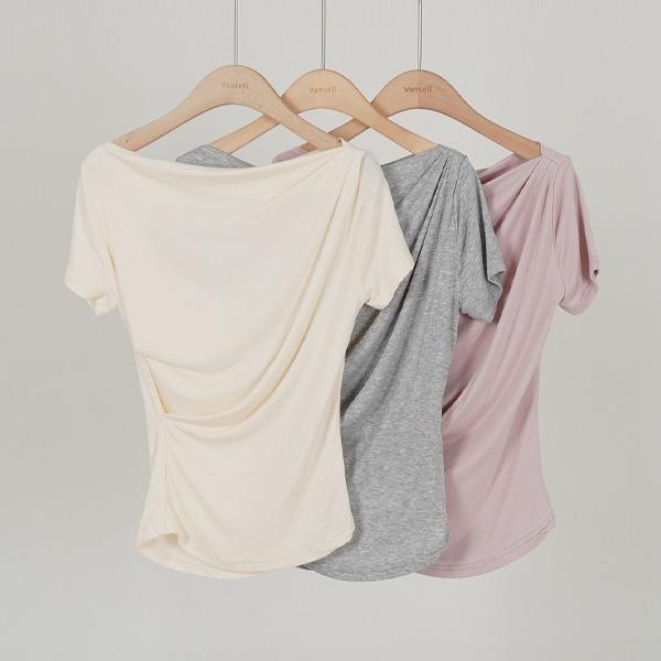 [기본템/스판쭉쭉] 셔링 보트넥 스판 반팔티 입술넥 스판티 팔뚝커버 쿨링찰랑 날씬핏 여리핏