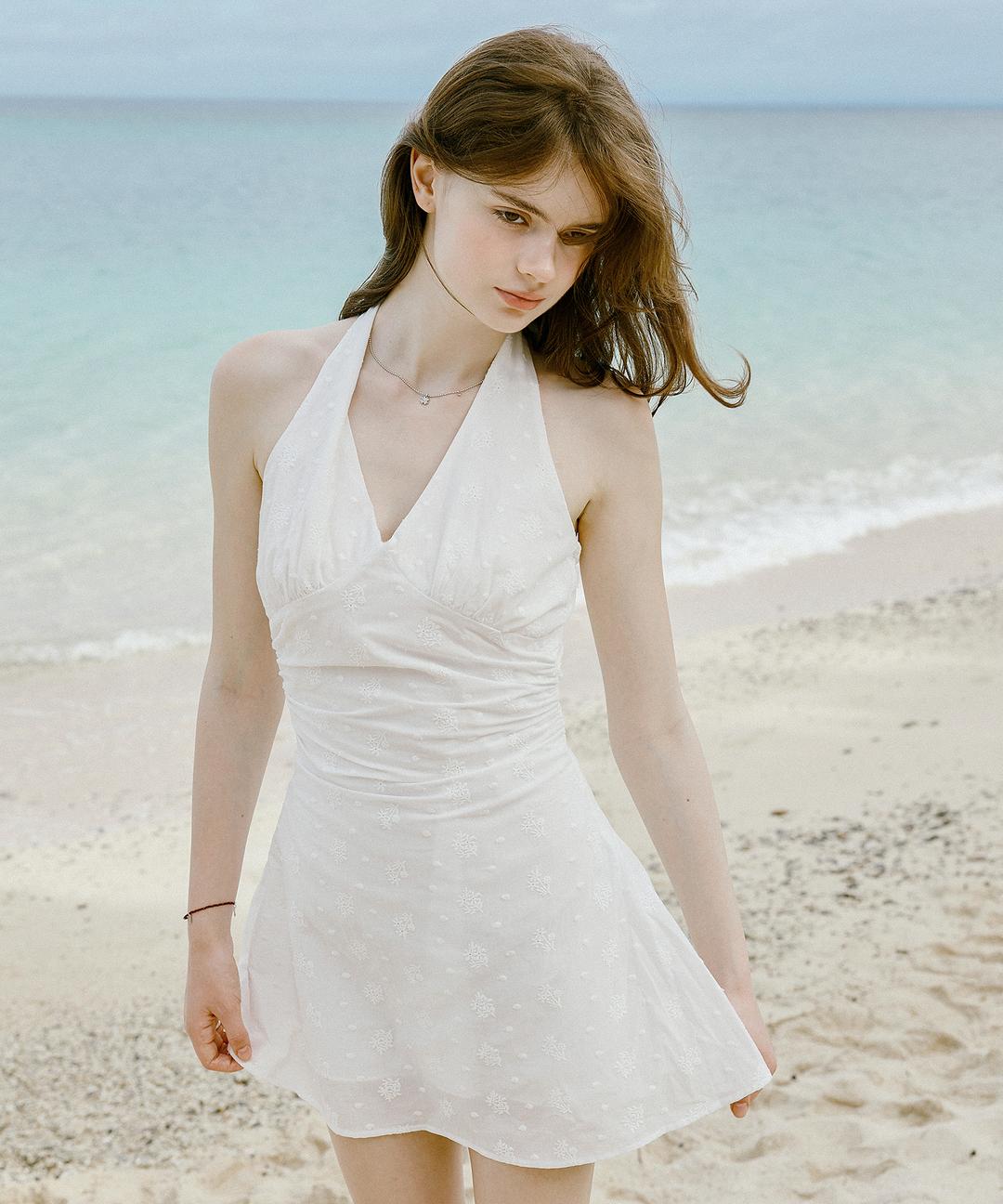 [ Coming soon 06.11 11:00am / Free Refund ] Bella Lace Punching Halter Neck Dress ( White )