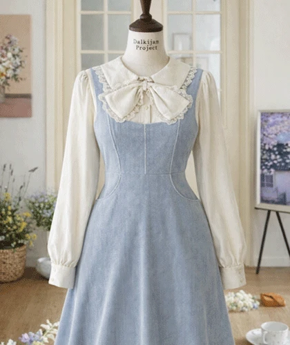 플로랄 리프 단추 블라우스 원피스 세트