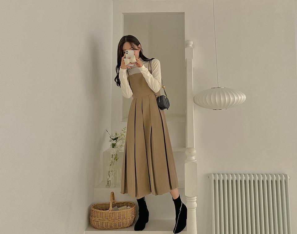 (끈조절) 포레스니 피치기모 뷔스티에 플리츠 롱 원피스