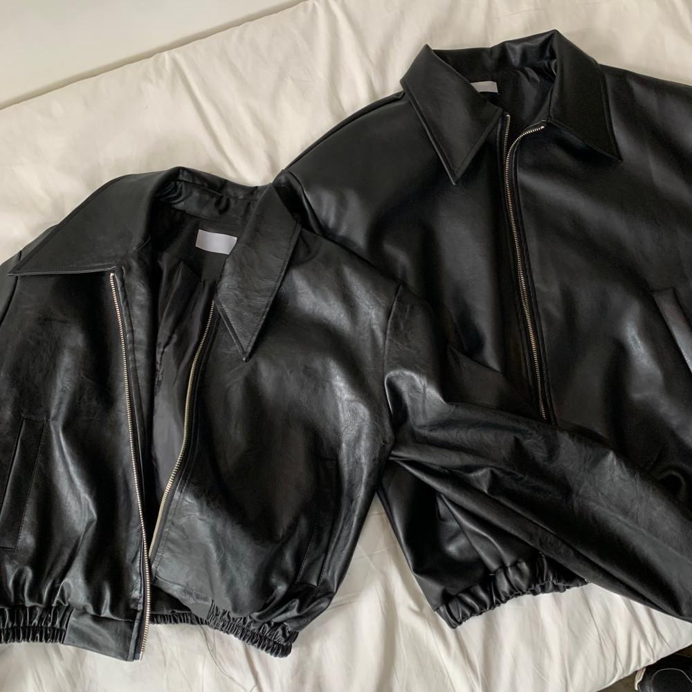 커플시밀러룩 빅카라 가죽 레더 자켓 코디 크롭 빅사이즈 남녀공용 아우터