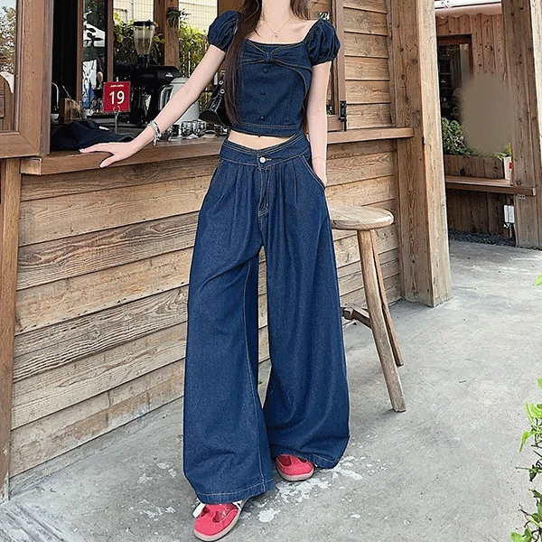 [코디걱정X/러블리] 리치 반팔 블라우스+데님 와이드 팬츠 세트