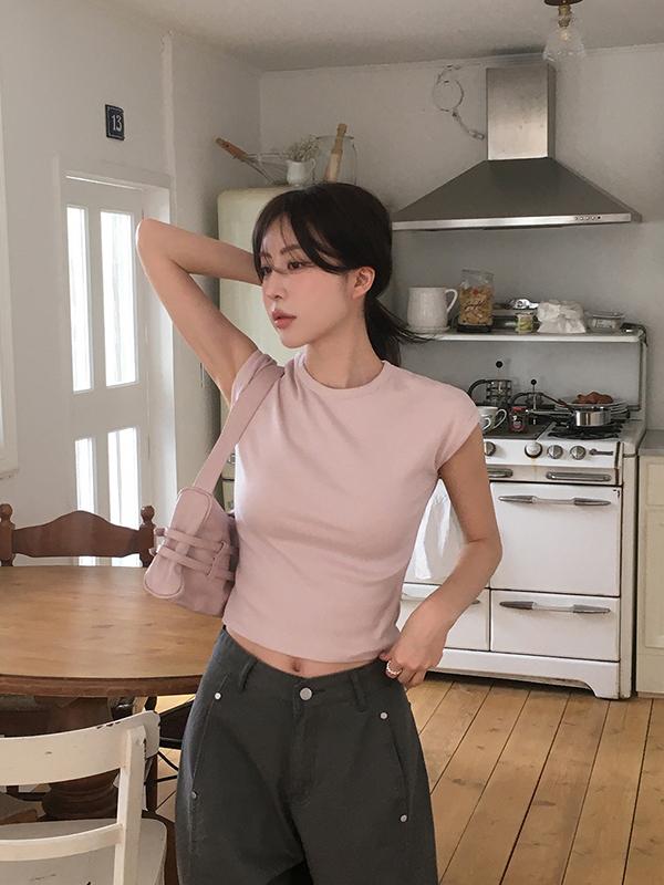 프렌치오브 [슬림핏/캡소매]티브 여름 골지 캡소매 슬림핏 세미 크롭 반팔 티셔츠(3color)