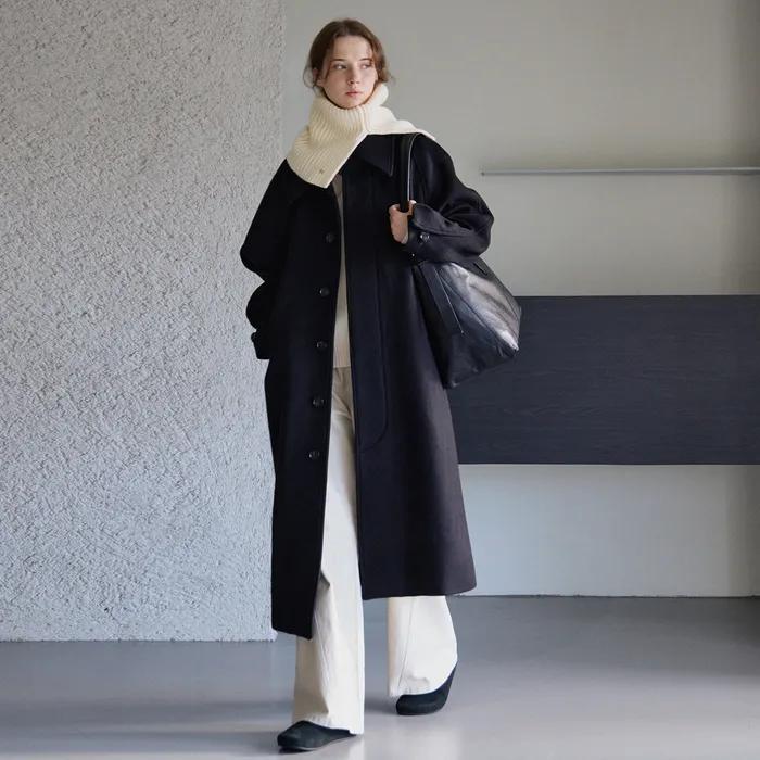 히든 버튼 로브 울 코트_Black