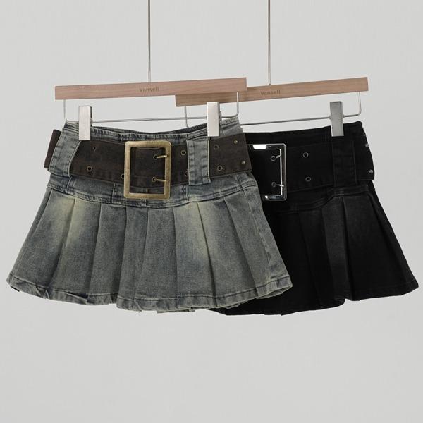 반셀 [S,M,L] 첼시 플리츠 데님 벨트 미니스커트 청치마 벨트치마 데님스커트 안무의상 축제의상 단체복 중청 흑청