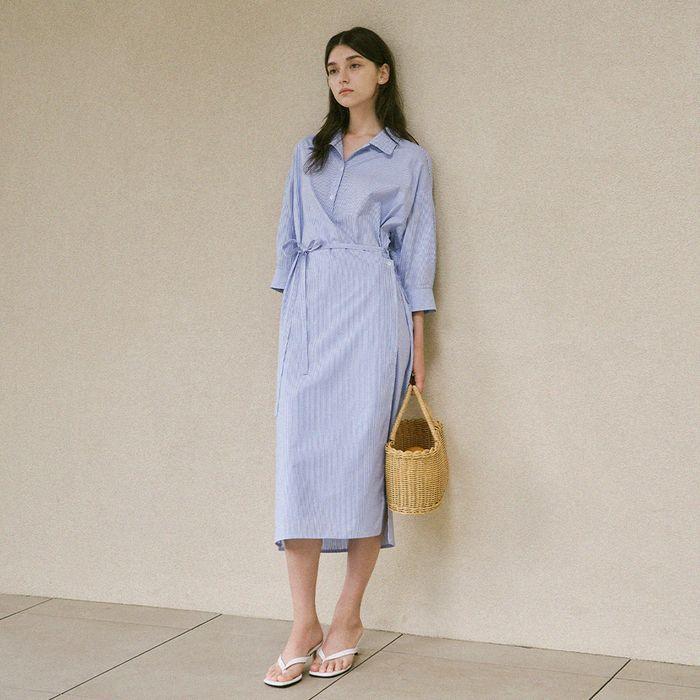 stripe wrap shirt dress-blue