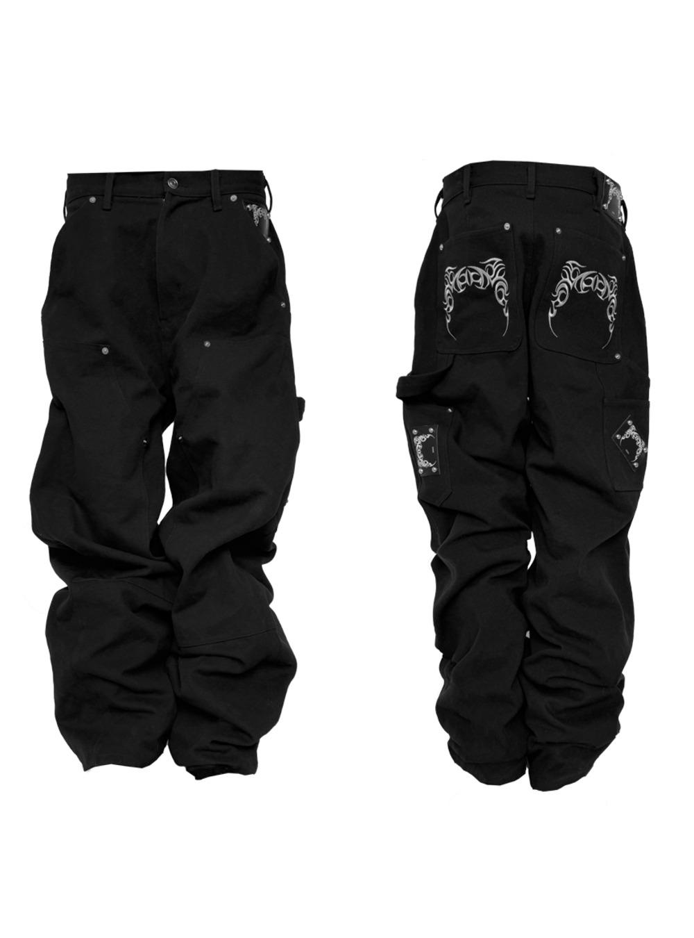 English Print Multi-Pocket Baggy Pants