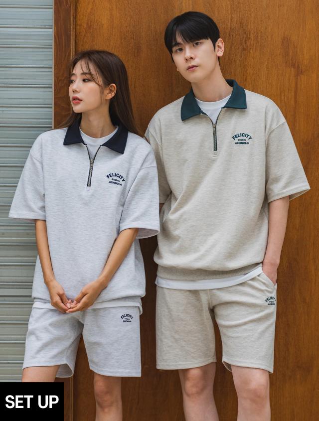 [SET] FELICITY 반집업 배색 카라 반팔 맨투맨 밴드 반바지 셋업