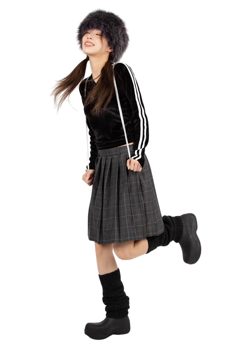 PLEATS CHECK MIDI SKIRT