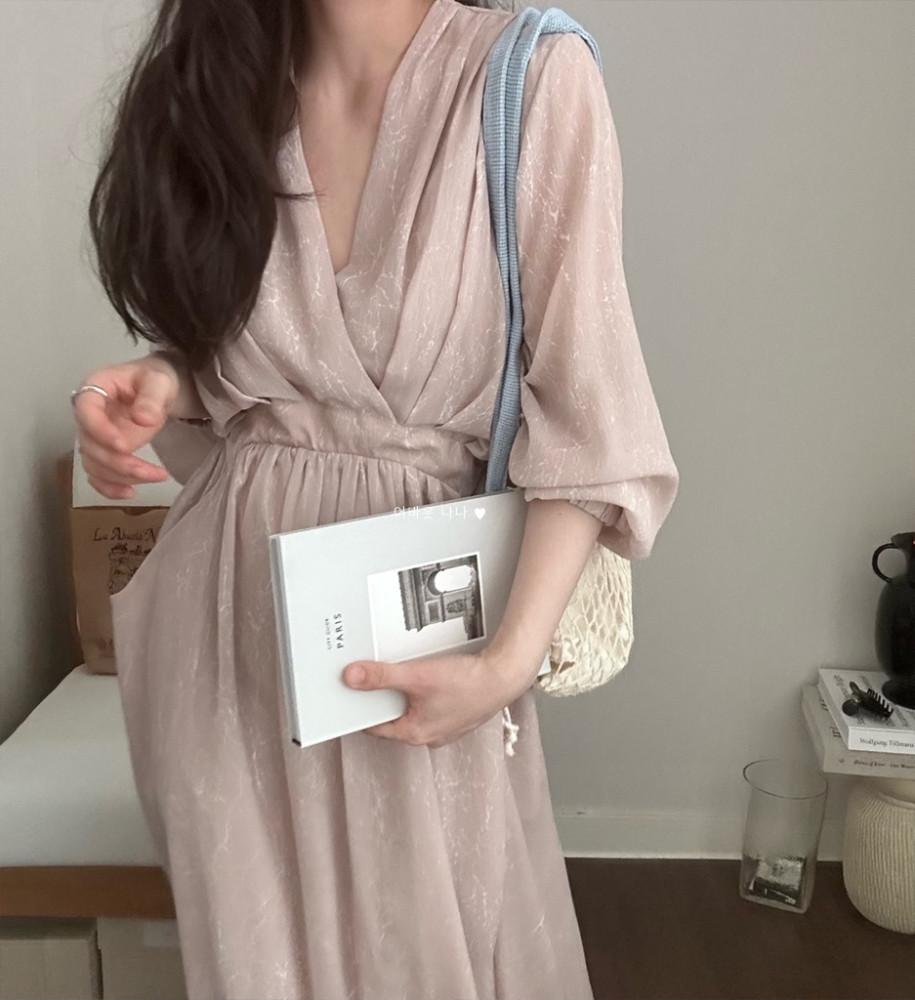 퓨어 포켓 셔링 여성스런 아이미스유 고급 롱 원피스 (3color)