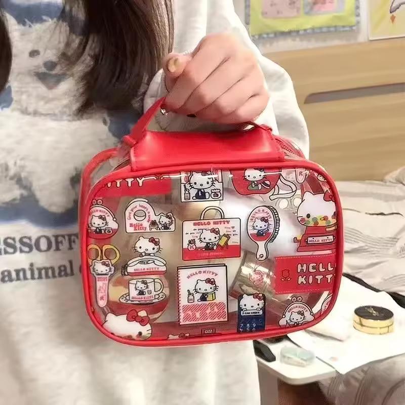 새로운 헬로 키티 PVC 투명 메이크업 가방 만화 휴대용 핸드 헬드 대용량 방수 스킨 케어 보관 가방 세탁 가방