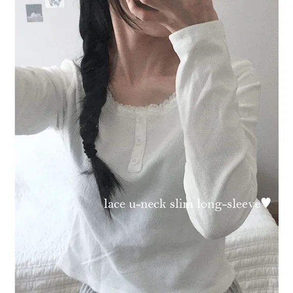 [Best🖤] 레이스 유넥 슬림 긴팔 티셔츠