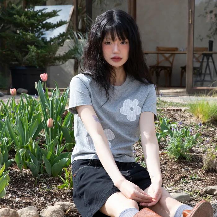 WXT043 솜사탕 레이스 아플리케 반팔 티셔츠 (MELANGE GRAY)