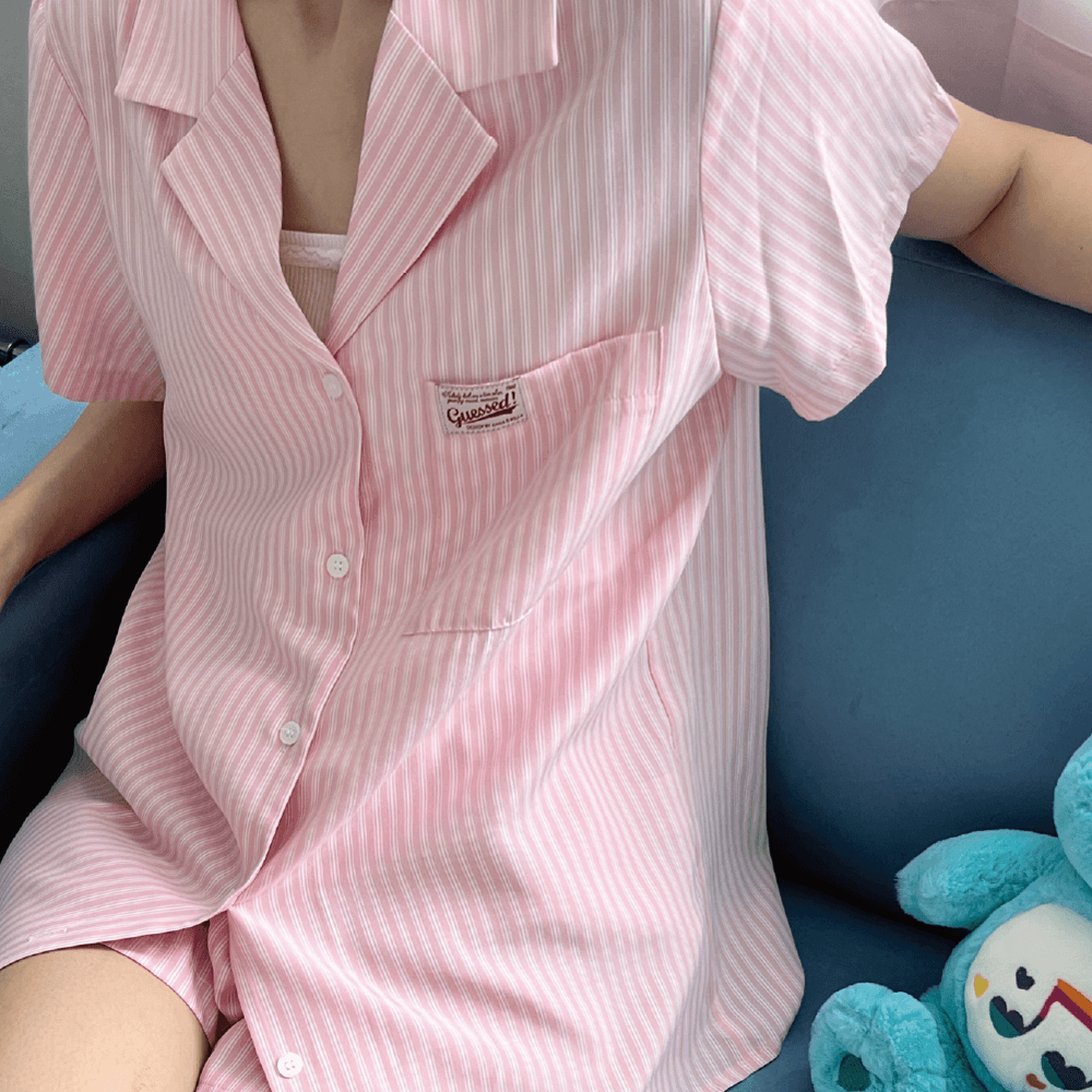 label stripe pajama set - pink