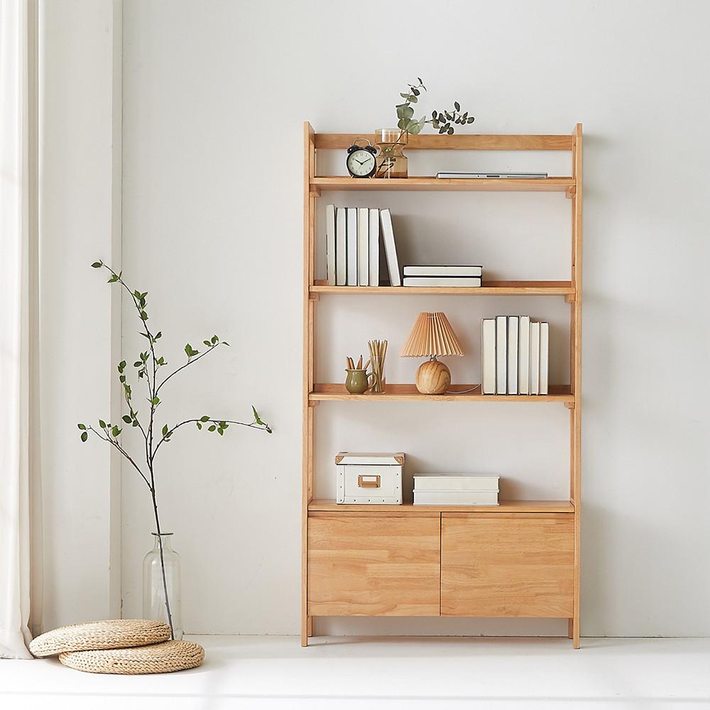 오브유 고무나무 원목 거실 책꽂이 전면 높은 수납 4단 H 책장 900