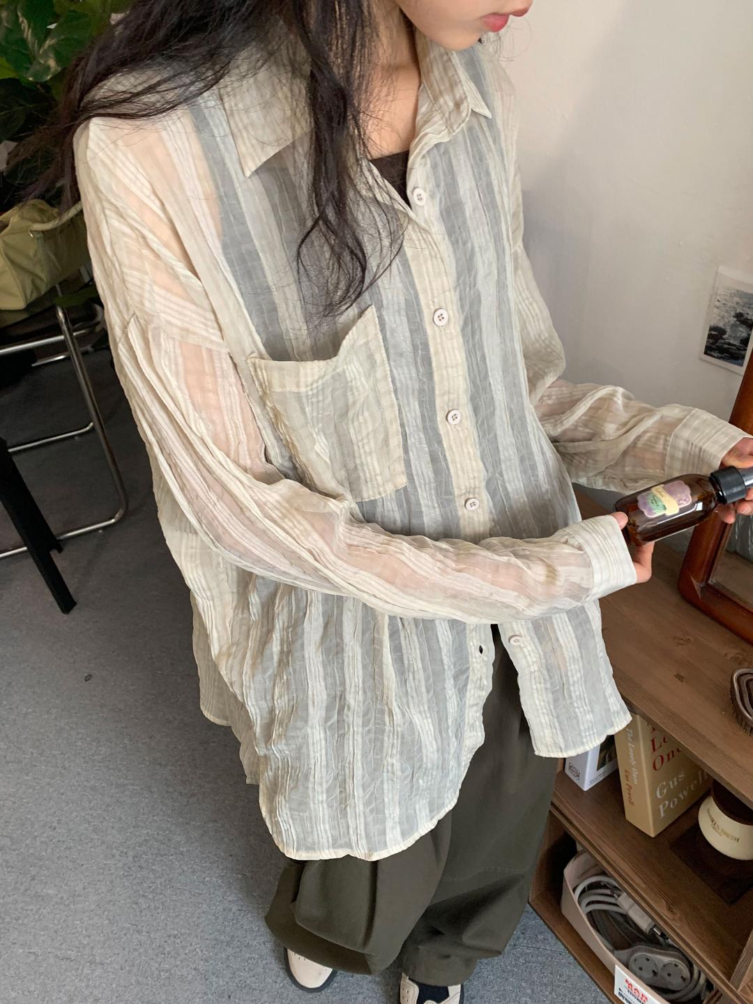 반인찌 [살안타/가을까지] 애텀 시스루 루즈핏 체크 셔츠 남방-3color