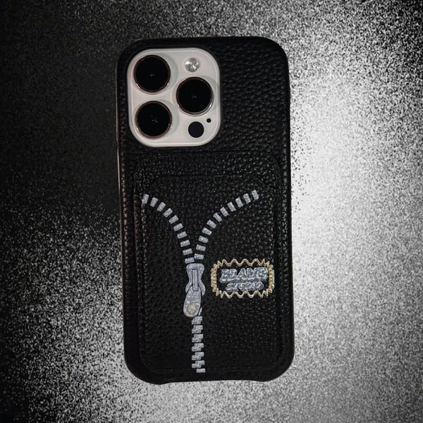 Zipper Logo Leather Black Case