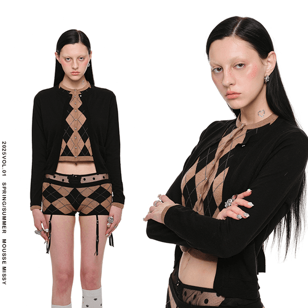 1JINNSTUDIO Lattice Knit Fake Two-Piece Cardigan