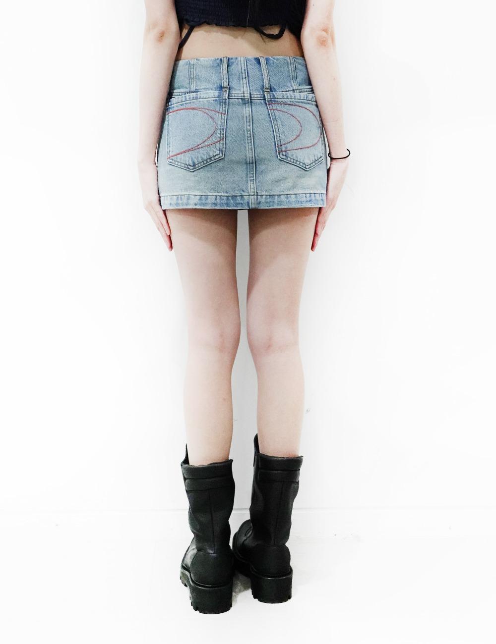 FLAG PRINTED WASHED BLUE DENIM SKIRT_BLUE