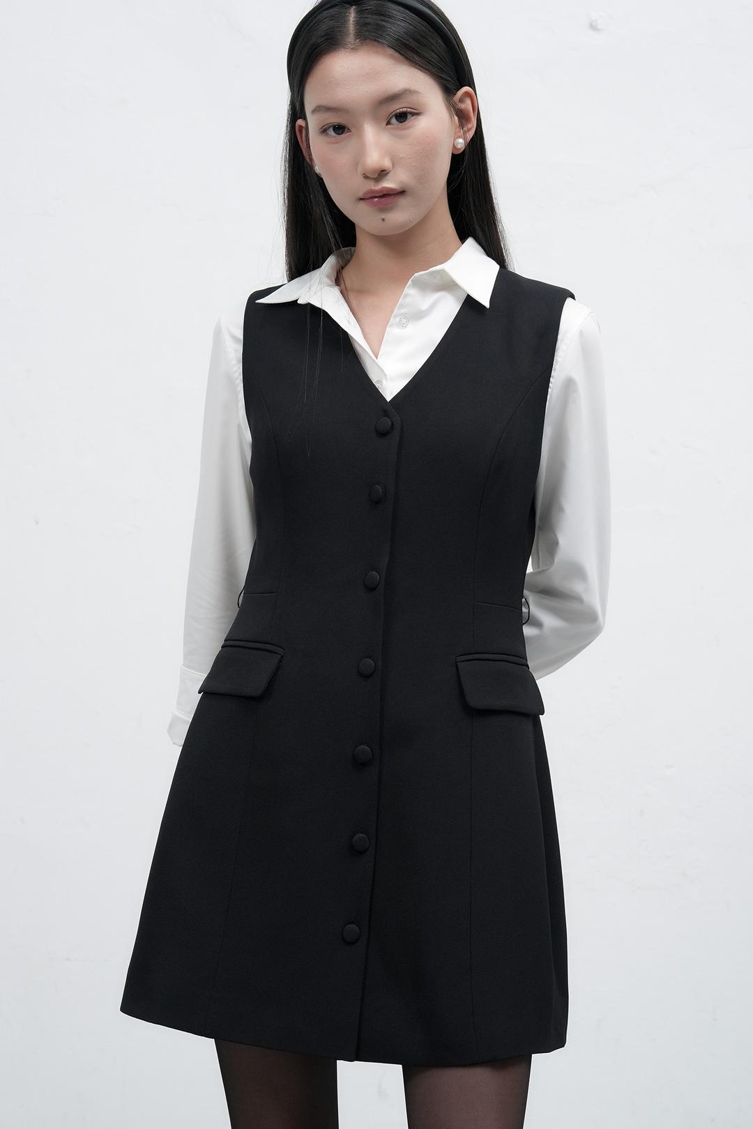 제너럴아이디어 WOMAN 버튼 레이어드 미니 원피스 [BLACK]