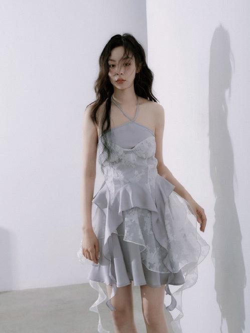 Lace Fungus Sling Top ＆ Irregular Frill Skirt - S / grey top(presale)
