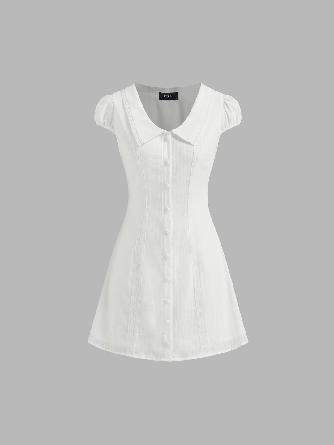 Cotton Collar Embroidery Button Through Mini Dress
